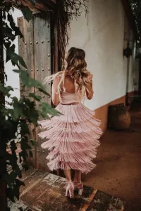 falda de flecos rosa palo elina