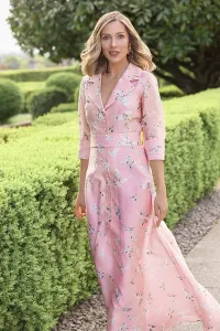 Vestido camisero largo con cuello esmoquin en organza mariposas
