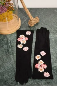 guantes antelina negro con flores de terciopelo rosa