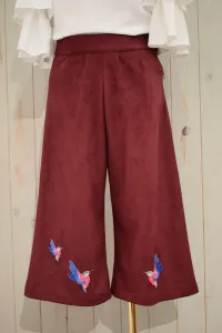 pantalon culote ante burdeos con bordados de pajaros