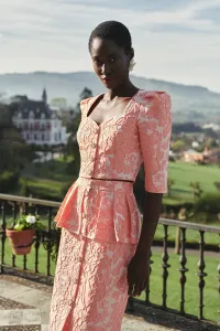Falda brocada flores coral con peplum y botones joya