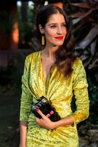 clutch de fiesta dorado con plumas negras y piedras frambuesa