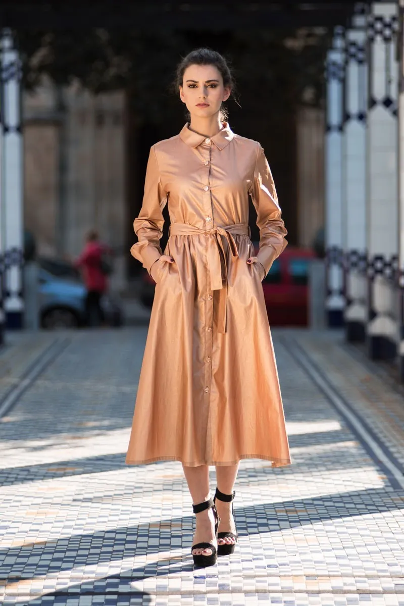 vestido midi camisero algodon encerado oro tostado rosa