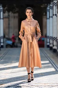 vestido midi camisero algodon encerado oro tostado rosa