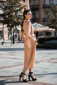 vestido midi camisero algodon encerado oro tostado rosa