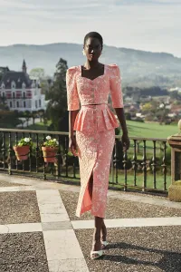 Falda brocada flores coral con peplum y botones joya