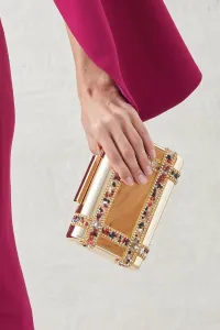 clutch de fiesta dorado con pasamaneria de piedras multicolor