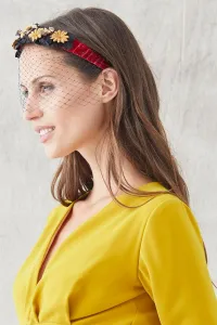 diadema en terciopelo de flores doradas y hojas negras