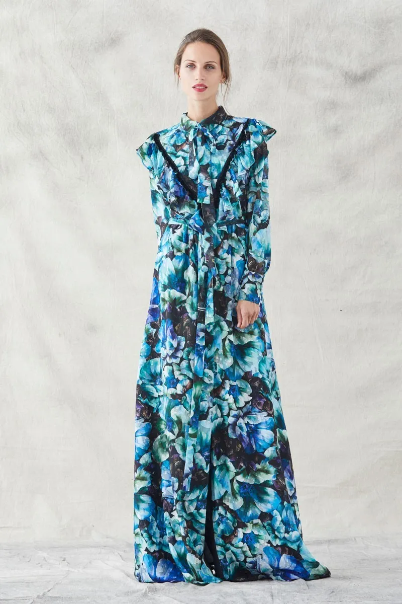 vestido largo camisero crepe devore estampado de flores con volante