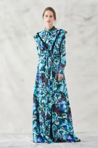 vestido largo camisero crepe devore estampado de flores con volante