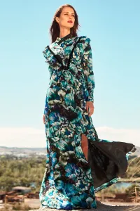 vestido largo camisero crepe devore estampado de flores con volante