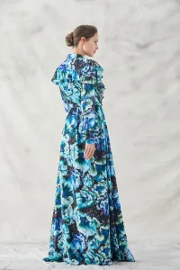 vestido largo camisero crepe devore estampado de flores con volante