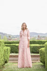 Vestido camisero largo con cuello esmoquin en organza mariposas