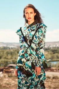 vestido largo camisero crepe devore estampado de flores con volante