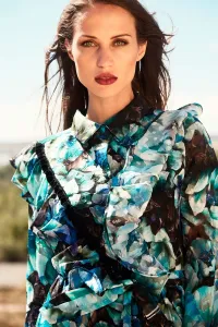 vestido largo camisero crepe devore estampado de flores con volante