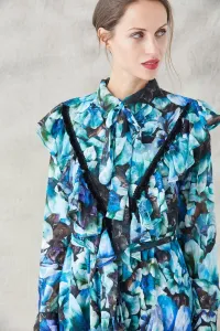 vestido largo camisero crepe devore estampado de flores con volante