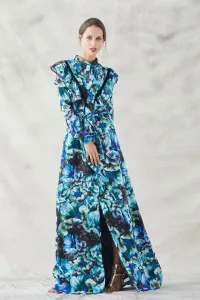 vestido largo camisero crepe devore estampado de flores con volante