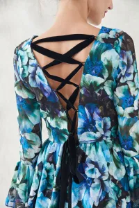 vestido corto vuelo estampado flores verdes azules moradas con