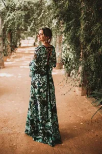vestido lago estampado flores verdes azules moradas con volantes y