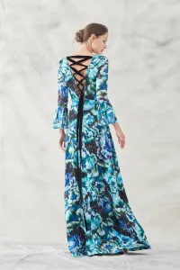 vestido lago estampado flores verdes azules moradas con volantes y
