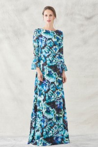vestido lago estampado flores verdes azules moradas con volantes y