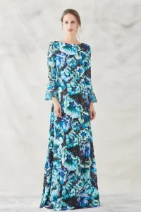 vestido lago estampado flores verdes azules moradas con volantes y