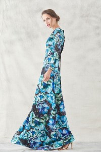 vestido lago estampado flores verdes azules moradas con volantes y