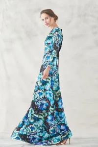vestido lago estampado flores verdes azules moradas con volantes y