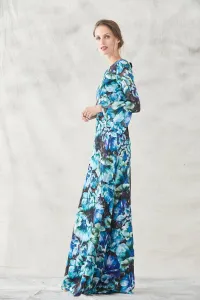 vestido lago estampado flores verdes azules moradas con volantes y