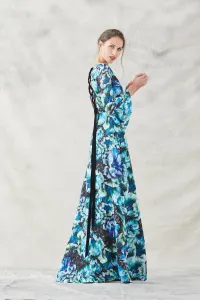 vestido lago estampado flores verdes azules moradas con volantes y