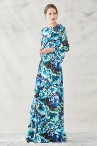 vestido lago estampado flores verdes azules moradas con volantes y