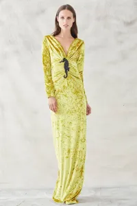 vestido largo drapeado cintura mostaza bordado caballito de mar