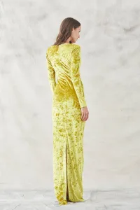 vestido largo drapeado cintura mostaza bordado caballito de mar