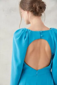 vestido corto azul con peplum asimetrico