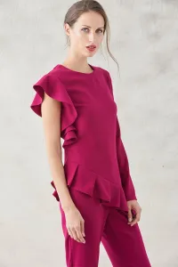conjunto frambuesa de blusa asimetrica con volante y pantalon