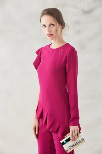 conjunto frambuesa de blusa asimetrica con volante y pantalon