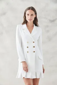 vestido corto esmoquin blanco manga larga con seis botones dorados