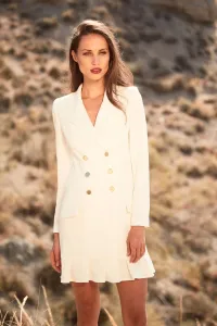 vestido corto esmoquin blanco manga larga con seis botones dorados