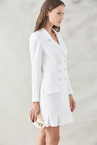 vestido corto esmoquin blanco manga larga con seis botones dorados