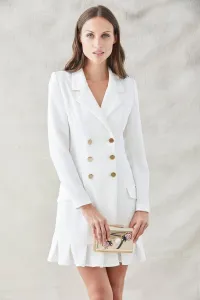 vestido corto esmoquin blanco manga larga con seis botones dorados