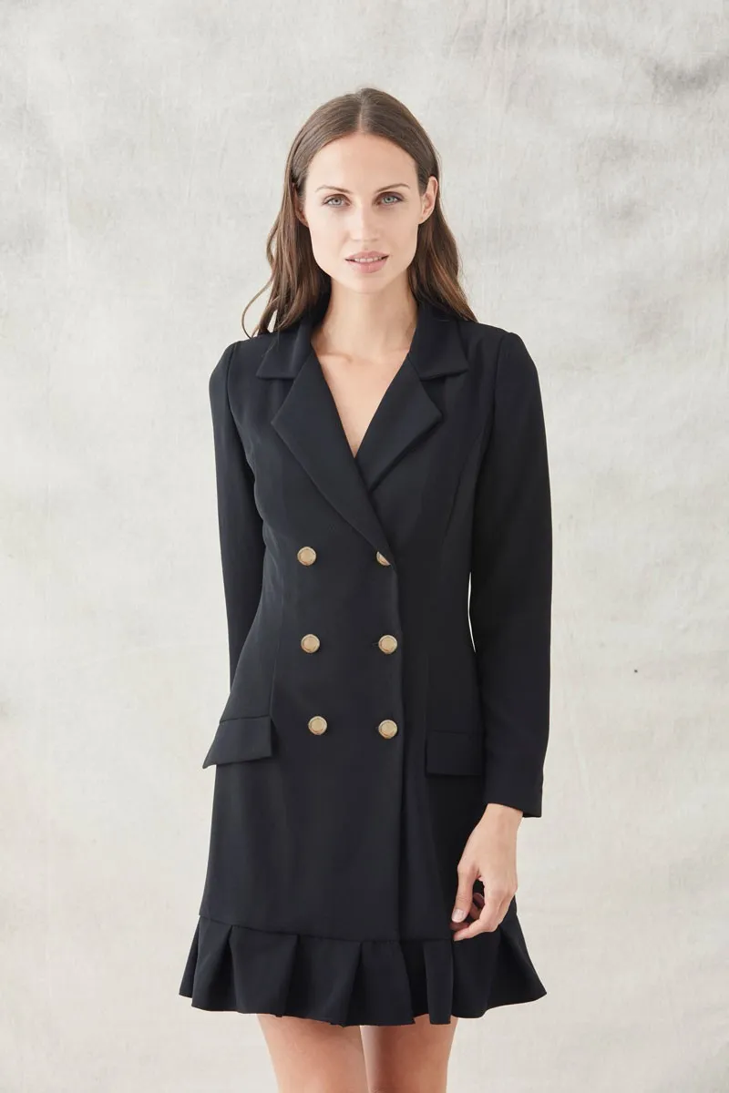 vestido corto esmoquin negro manga larga con seis botones dorados