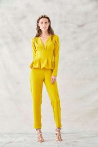 mono largo pitillo moztaza peplum manga larga escote pico