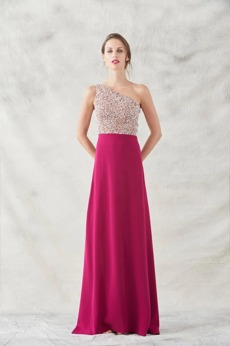 vestido largo frambuesa con lentejuelas escote asimetrico anne
