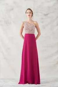 vestido largo frambuesa con lentejuelas escote asimetrico anne
