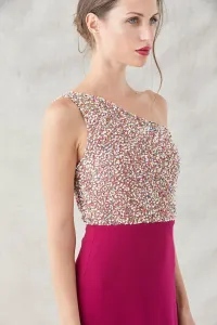 vestido largo frambuesa con lentejuelas escote asimetrico anne