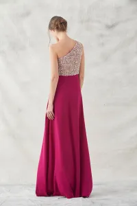 vestido largo frambuesa con lentejuelas escote asimetrico anne