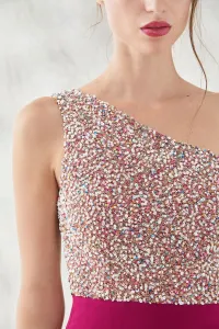 vestido largo frambuesa con lentejuelas escote asimetrico anne