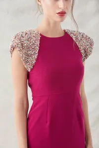 Vestido corto recto frambuesa manga raglanlentejuelas hombros