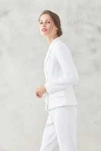 traje chaqueta pantalon crepe rizado blanco con bordados de