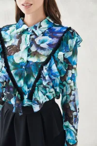 blusa manga larga crepe devore estampado flores abotonadura y